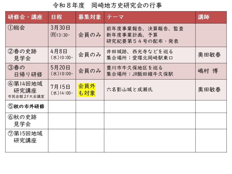 岡崎地方史研究会行事予定202508